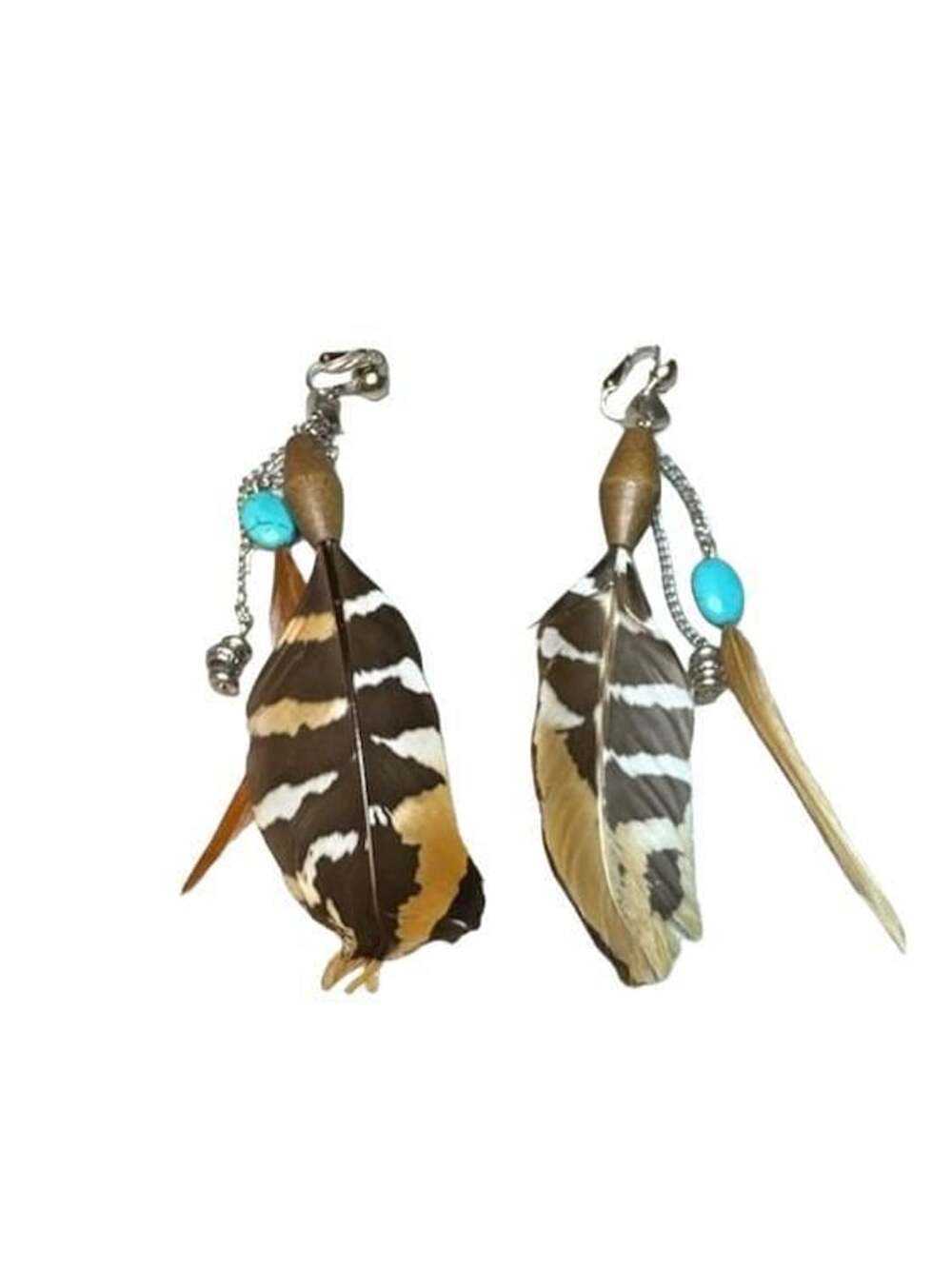 Bohemian Real Bird Feather Dangle Earrings with Turquoise Beads